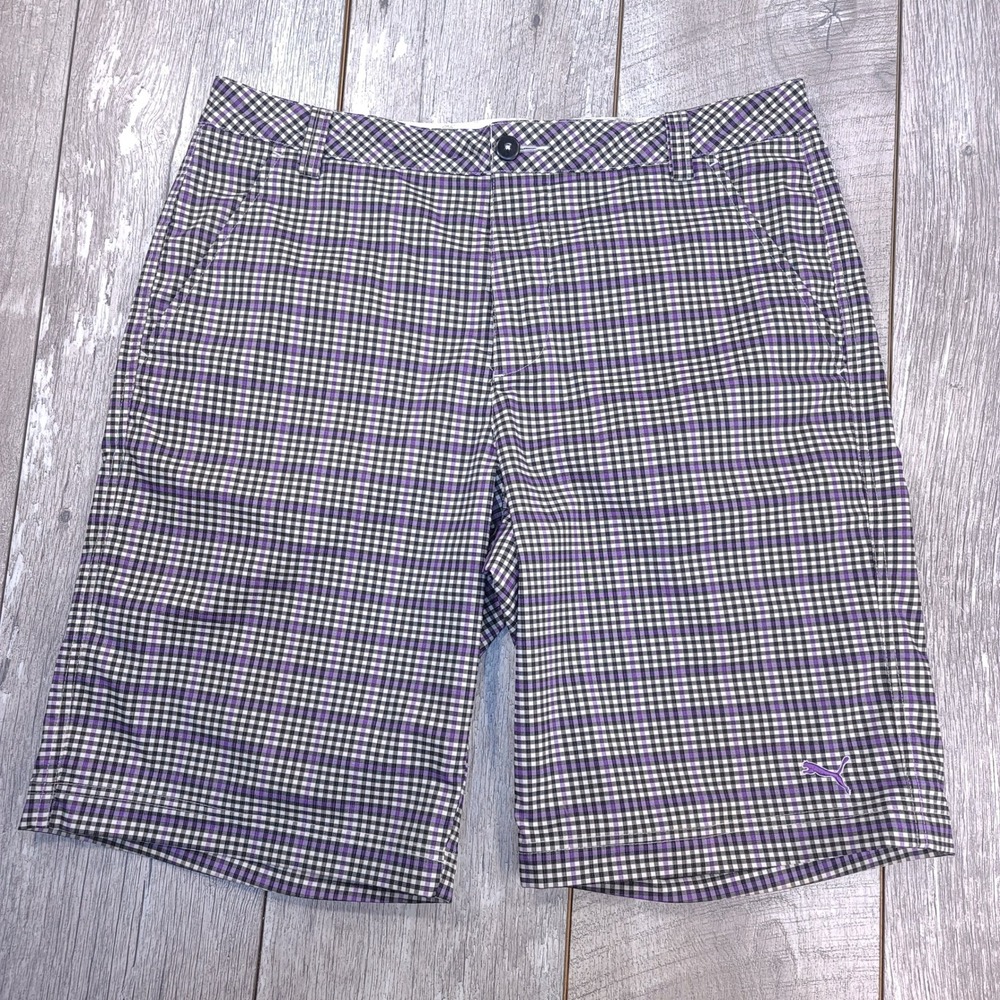 Puma Golf Shorts Mens 34 Purple Plaid Performance Flat Front Bermuda